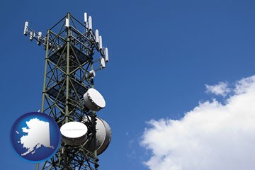 a telecommunications tower, with blue sky background - with Alaska icon