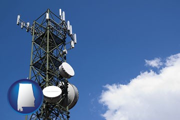a telecommunications tower, with blue sky background - with Alabama icon