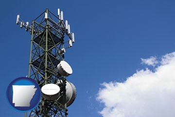 a telecommunications tower, with blue sky background - with Arkansas icon
