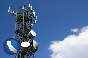 a telecommunications tower, with blue sky background - with California icon