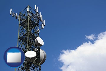 a telecommunications tower, with blue sky background - with Colorado icon