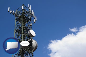 a telecommunications tower, with blue sky background - with Connecticut icon