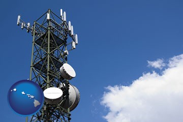a telecommunications tower, with blue sky background - with Hawaii icon