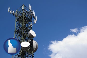 a telecommunications tower, with blue sky background - with Idaho icon