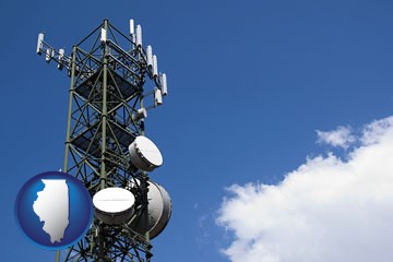 a telecommunications tower, with blue sky background - with Illinois icon