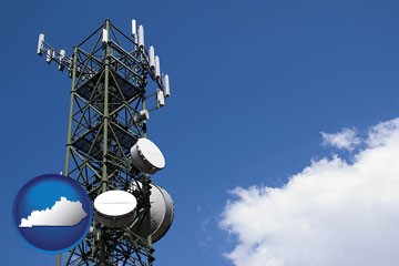 a telecommunications tower, with blue sky background - with Kentucky icon