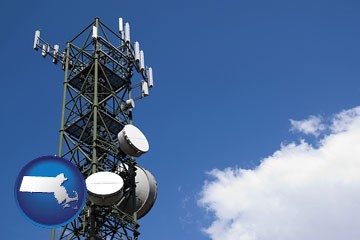 a telecommunications tower, with blue sky background - with Massachusetts icon