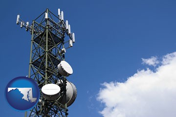 a telecommunications tower, with blue sky background - with Maryland icon