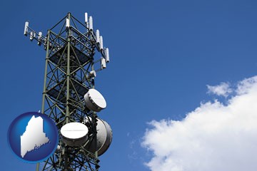 a telecommunications tower, with blue sky background - with Maine icon