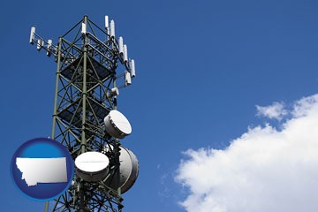 a telecommunications tower, with blue sky background - with Montana icon