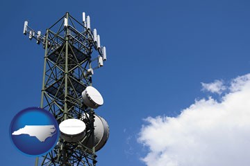 a telecommunications tower, with blue sky background - with North Carolina icon