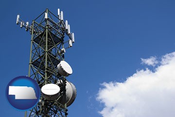 a telecommunications tower, with blue sky background - with Nebraska icon