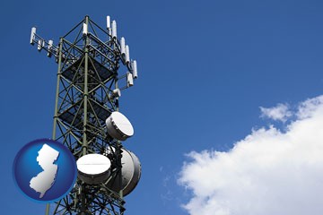 a telecommunications tower, with blue sky background - with New Jersey icon