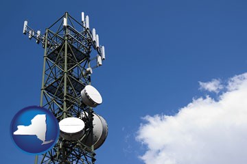 a telecommunications tower, with blue sky background - with New York icon