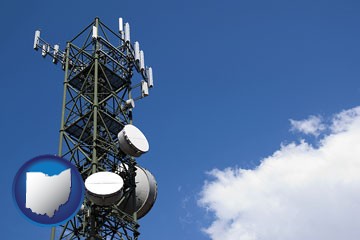 a telecommunications tower, with blue sky background - with Ohio icon