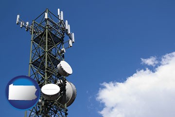 a telecommunications tower, with blue sky background - with Pennsylvania icon