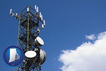 a telecommunications tower, with blue sky background - with Rhode Island icon