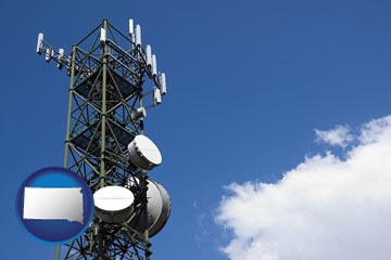 a telecommunications tower, with blue sky background - with South Dakota icon