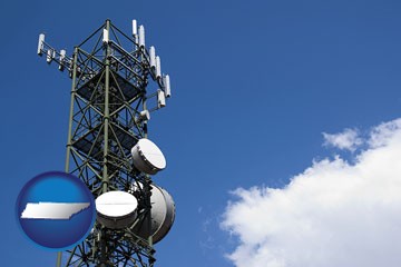 a telecommunications tower, with blue sky background - with Tennessee icon