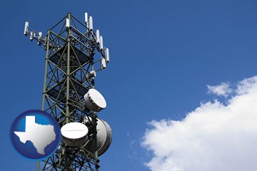 a telecommunications tower, with blue sky background - with Texas icon