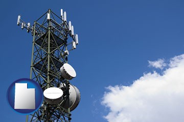 a telecommunications tower, with blue sky background - with Utah icon