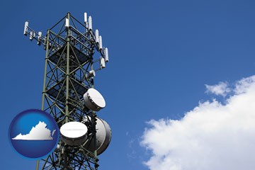 a telecommunications tower, with blue sky background - with Virginia icon