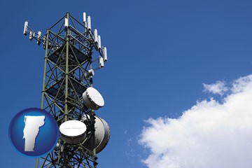a telecommunications tower, with blue sky background - with Vermont icon