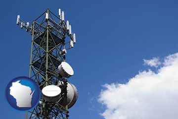 a telecommunications tower, with blue sky background - with Wisconsin icon