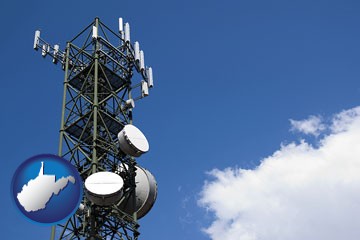 a telecommunications tower, with blue sky background - with West Virginia icon