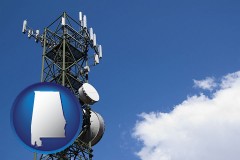 alabama map icon and a telecommunications tower, with blue sky background