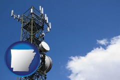 arkansas map icon and a telecommunications tower, with blue sky background