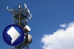washington-dc map icon and a telecommunications tower, with blue sky background