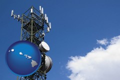 hawaii map icon and a telecommunications tower, with blue sky background