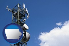 iowa map icon and a telecommunications tower, with blue sky background