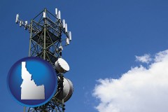idaho map icon and a telecommunications tower, with blue sky background