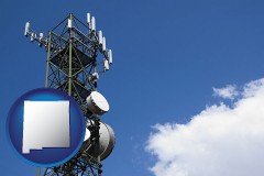 new-mexico map icon and a telecommunications tower, with blue sky background