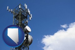 nevada map icon and a telecommunications tower, with blue sky background