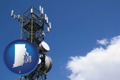 rhode-island map icon and a telecommunications tower, with blue sky background