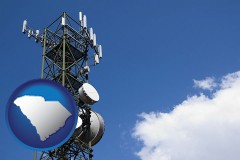 south-carolina map icon and a telecommunications tower, with blue sky background