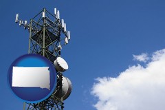 south-dakota map icon and a telecommunications tower, with blue sky background