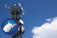 west-virginia map icon and a telecommunications tower, with blue sky background