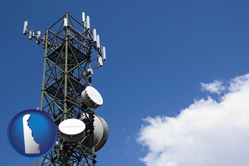 a telecommunications tower, with blue sky background - with Delaware icon